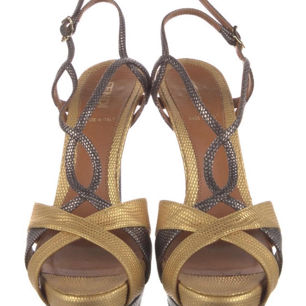 Fendi Elegant Gold and Black Strappy Heels